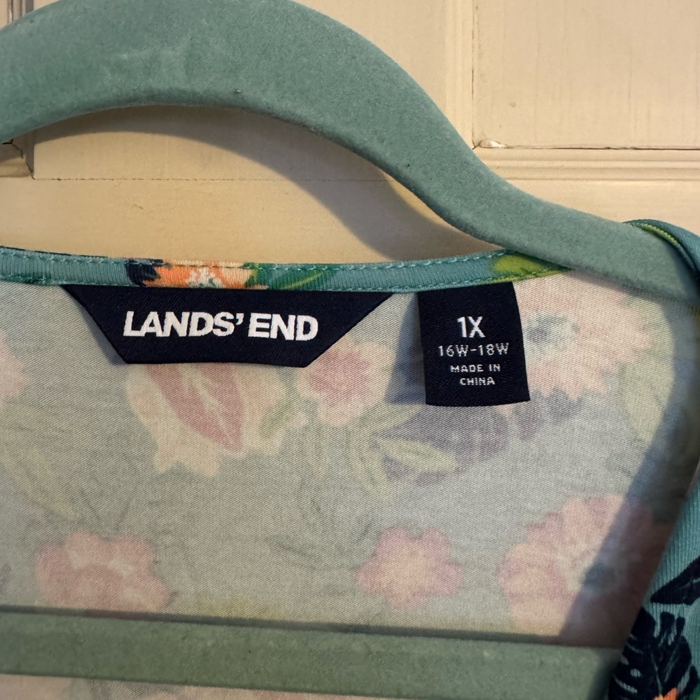 Lands End Faux Wrap V-Neck Short Sleeve Dress Green Tiny Floral Print - Picture 7 of 10